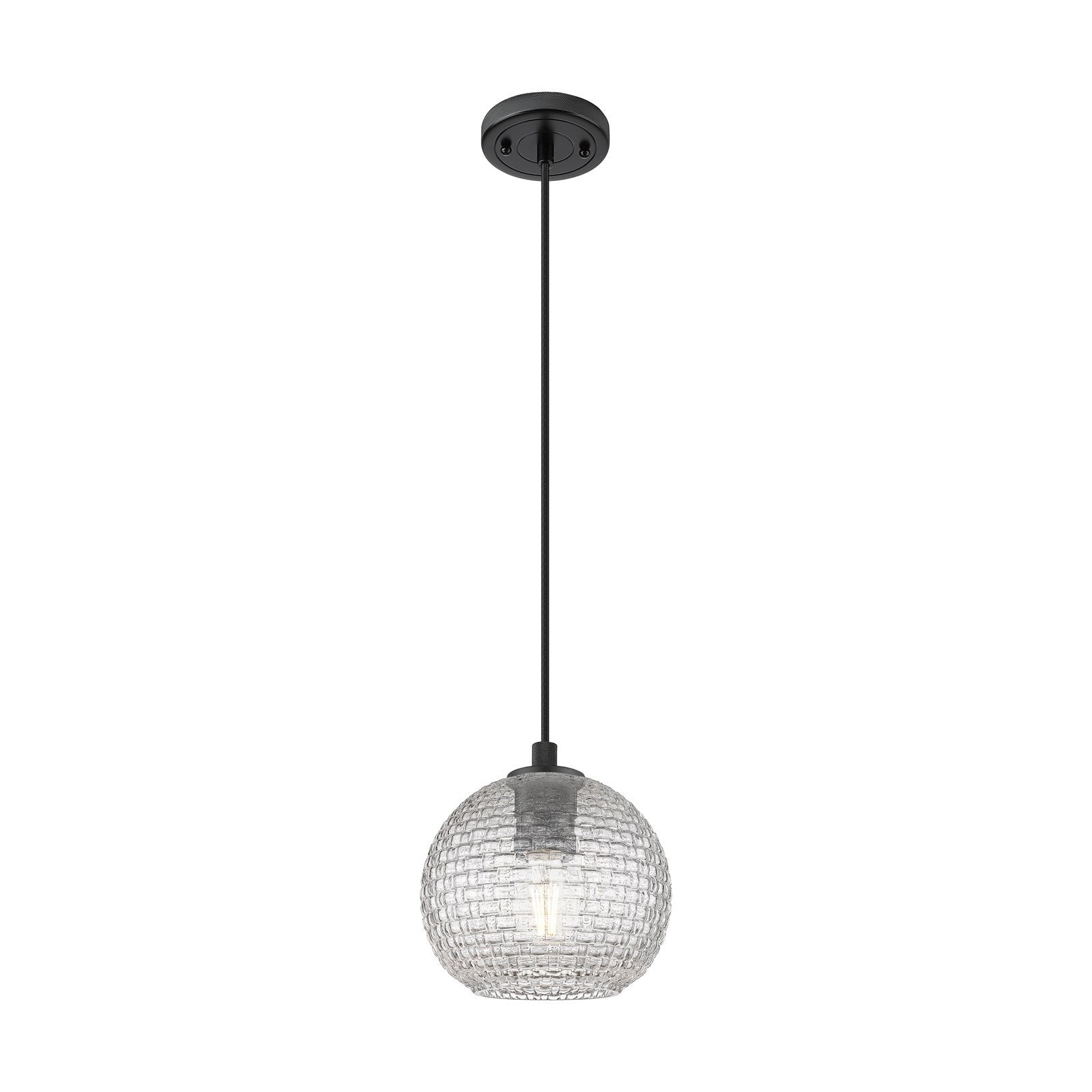 Innovations Athens 8in 1-Light Pendant | Industrial Matte Black and Clear Basket Weave Glass | Kitchen Island & Dining | Model 434-1P-BK-G122C-8CL
