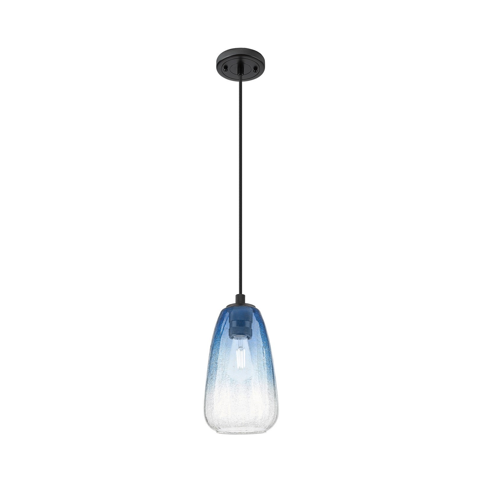 Innovations Brookhaven Almond 6in 1-Light Pendant | Industrial Matte Black and Sapphire Blue Glass | Kitchen Island | Model 434-1P-BK-G480-6SB