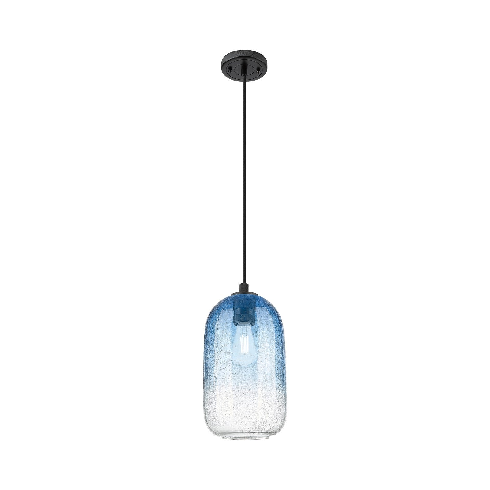 Innovations Brookhaven Cloche 7in 1-Light Pendant | Industrial Matte Black and Sapphire Blue Glass | Kitchen Island | Model 434-1P-BK-G482-7SB