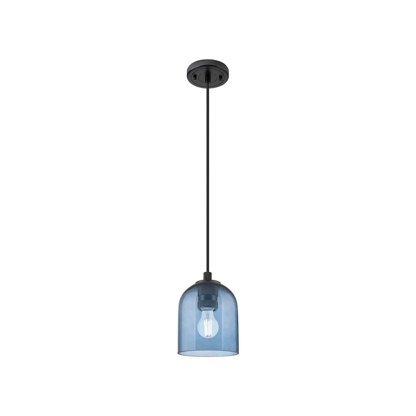 Innovations Bella 5.5in 1-Light Pendant | Industrial Matte Black and Blue Glass | Kitchen Island & Dining Room | Model 434-1P-BK-G558-6BL