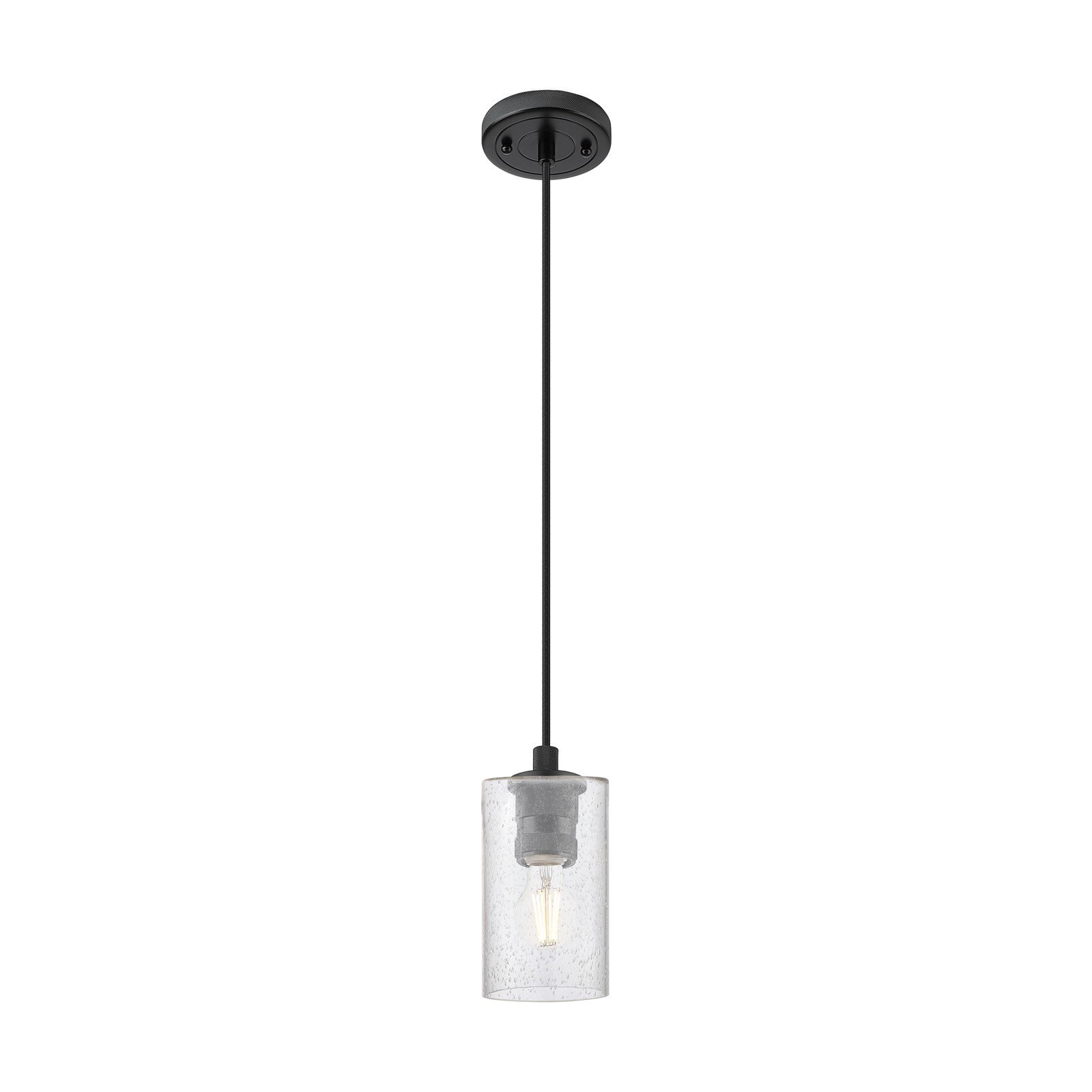 Innovations Clymer 4in 1-Light Pendant | Industrial Matte Black and Seedy Glass | Kitchen Island & Dining Room | Model 434-1P-BK-G804