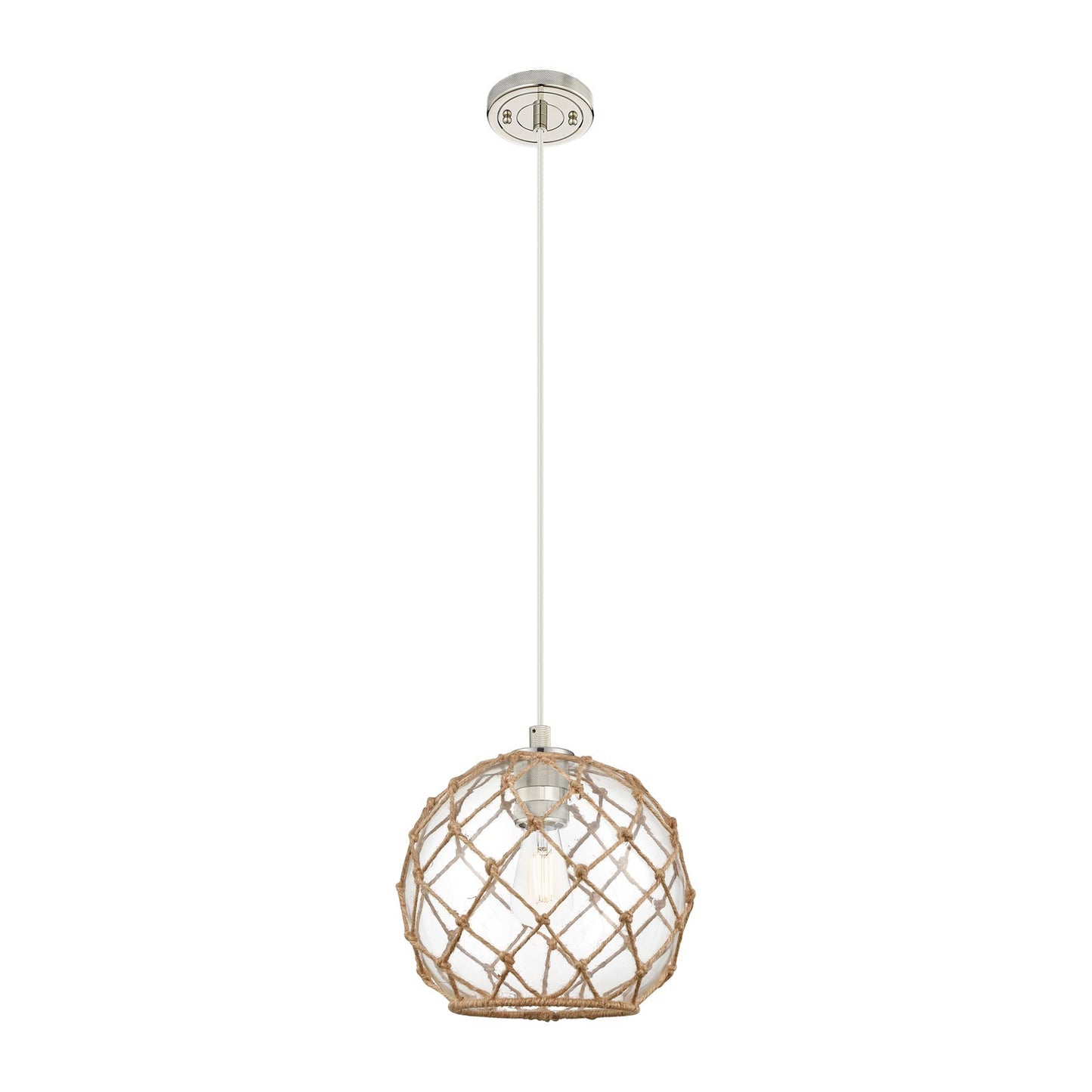 Innovations Farmhouse Rope 10in 1-Light Pendant | Industrial Polished Nickel and Clear Glass Brown Rope | Kitchen Island | Model 434-1P-PN-G122-10RB