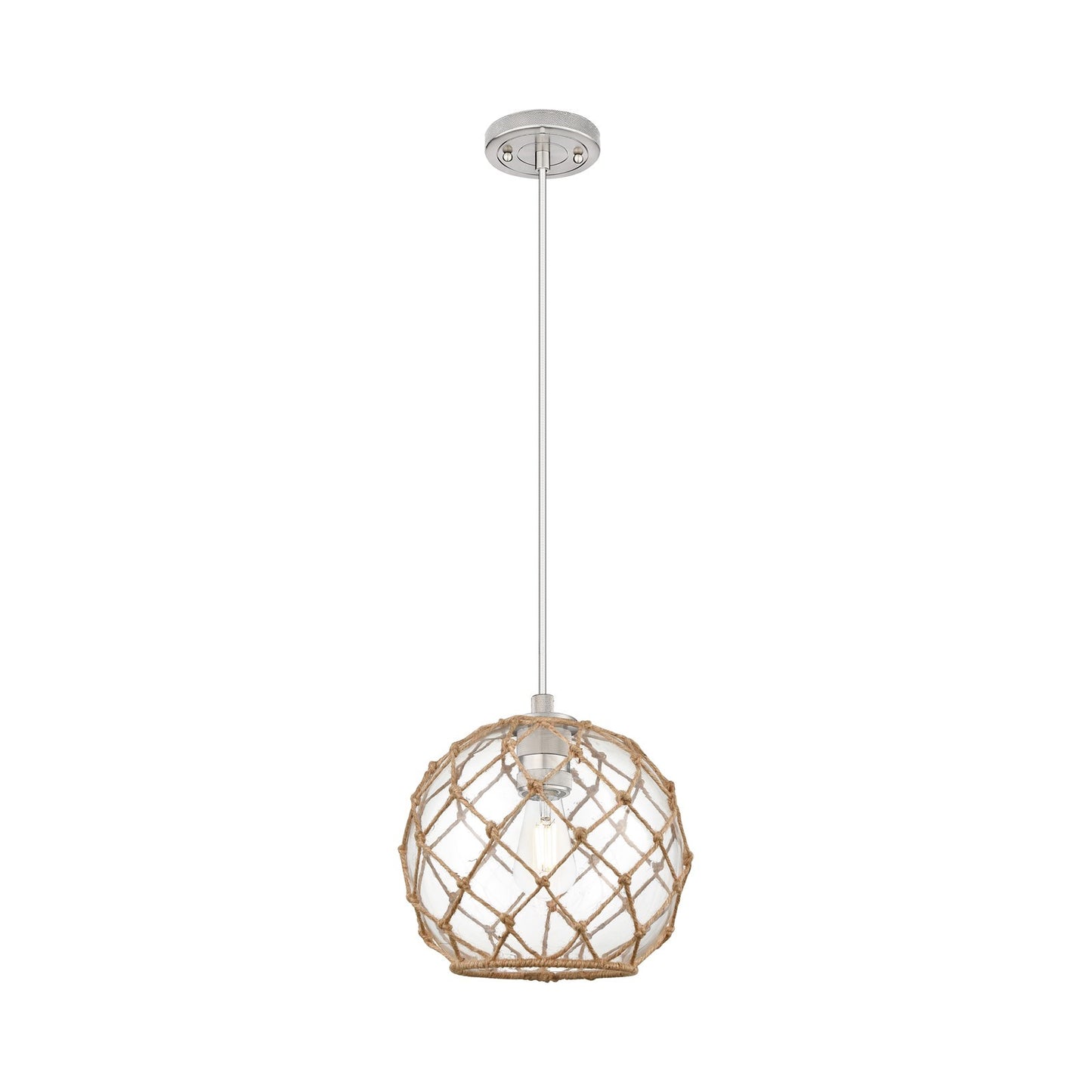 Innovations Farmhouse Rope 10in 1-Light Pendant | Industrial Satin Nickel and Clear Glass with Brown Rope | Kitchen | Model 434-1P-SN-G122-10RB