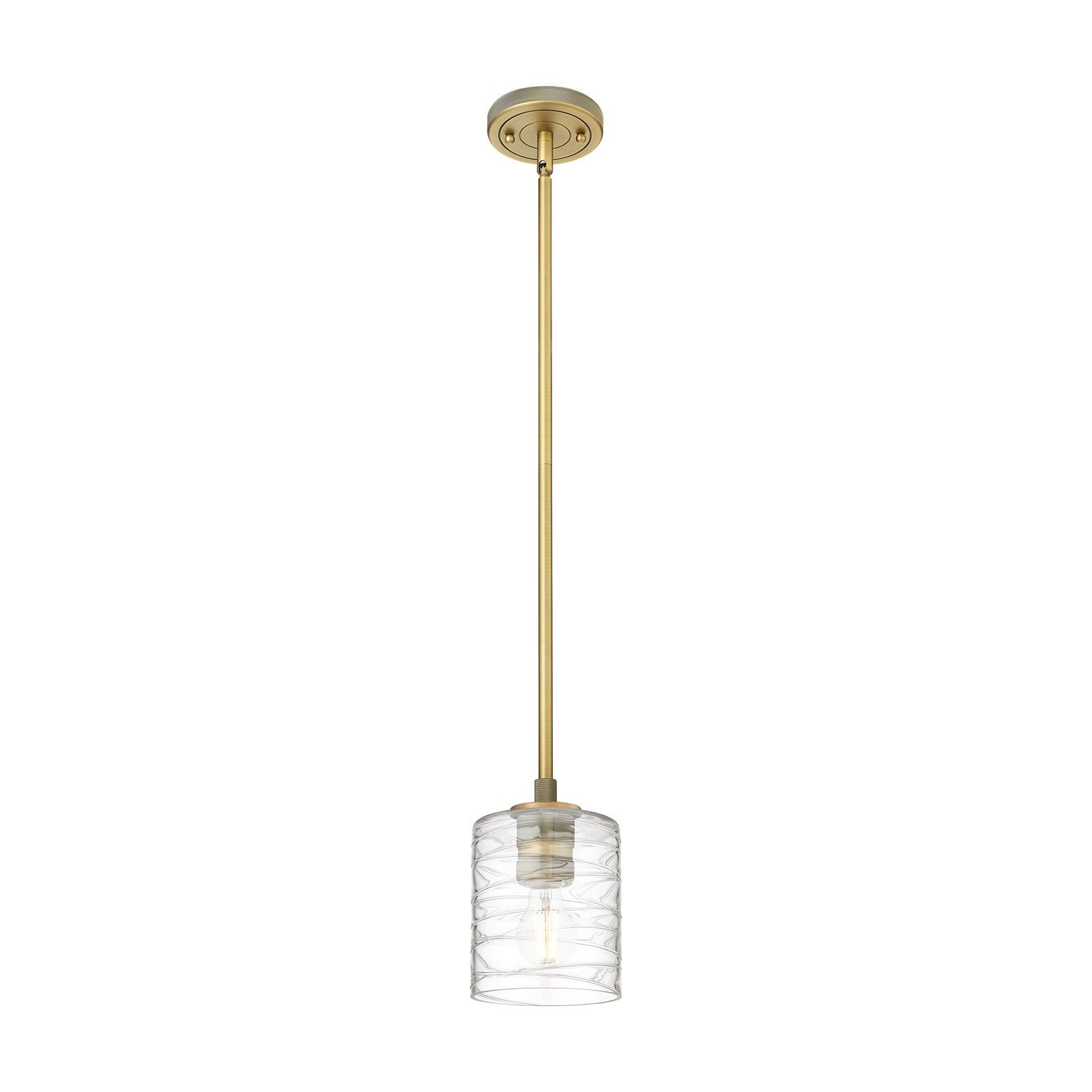 Innovations Cobbleskill 5in 1-Light Pendant | Industrial Brushed Brass and Deco Swirl Glass | Kitchen Island & Dining Room | Model 434-1S-BB-G1113