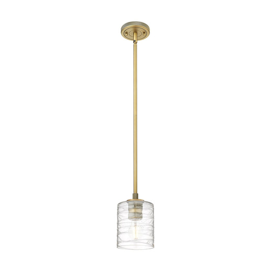 Innovations Cobbleskill 5in 1-Light Pendant | Industrial Brushed Brass and Deco Swirl Glass | Kitchen Island & Dining Room | Model 434-1S-BB-G1113