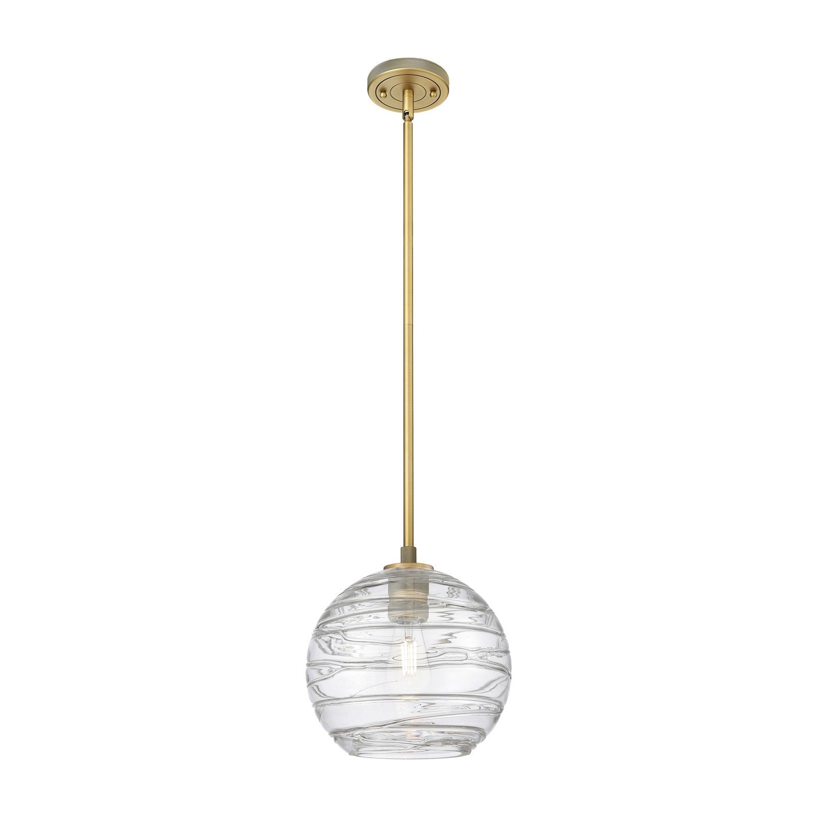 Innovations Crown Point 10in 1-Light Pendant | Industrial Brushed Brass and Clear Deco Swirl Glass | Kitchen Island | Model 434-1S-BB-G1213-10CL