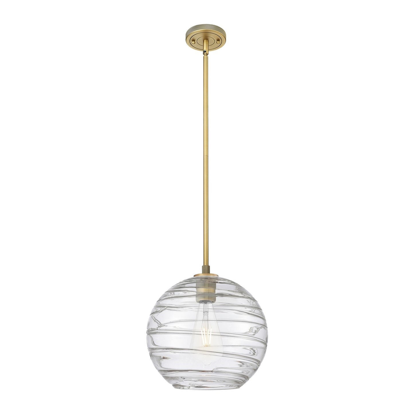 Innovations Crown Point 12in 1-Light Pendant | Industrial Brushed Brass and Clear Deco Swirl Glass | Kitchen Island | Model 434-1S-BB-G1213-12CL