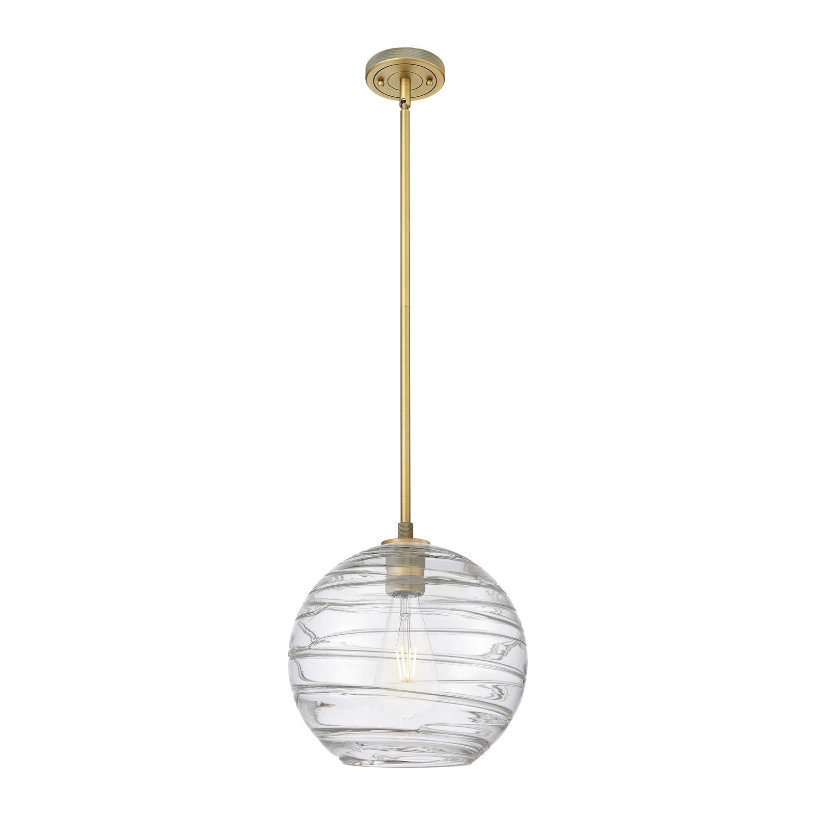 Innovations Crown Point 12in 1-Light Pendant | Industrial Brushed Brass and Clear Deco Swirl Glass | Kitchen Island | Model 434-1S-BB-G1213-12CL