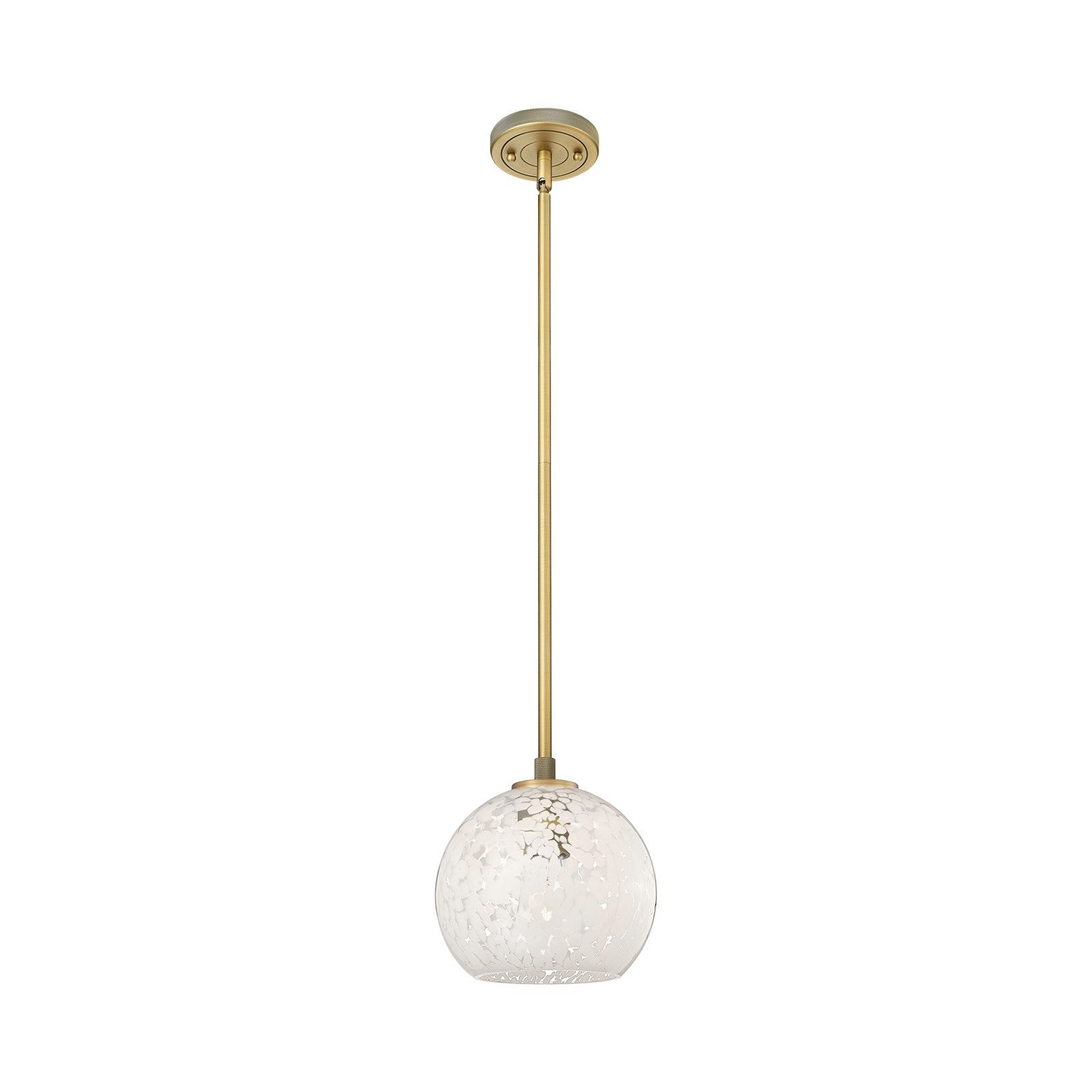 Innovations White Mouchette 8in 1-Light Pendant | Industrial Brushed Brass and White Mouchette Glass | Kitchen Island | Model 434-1S-BB-G1216-8WM