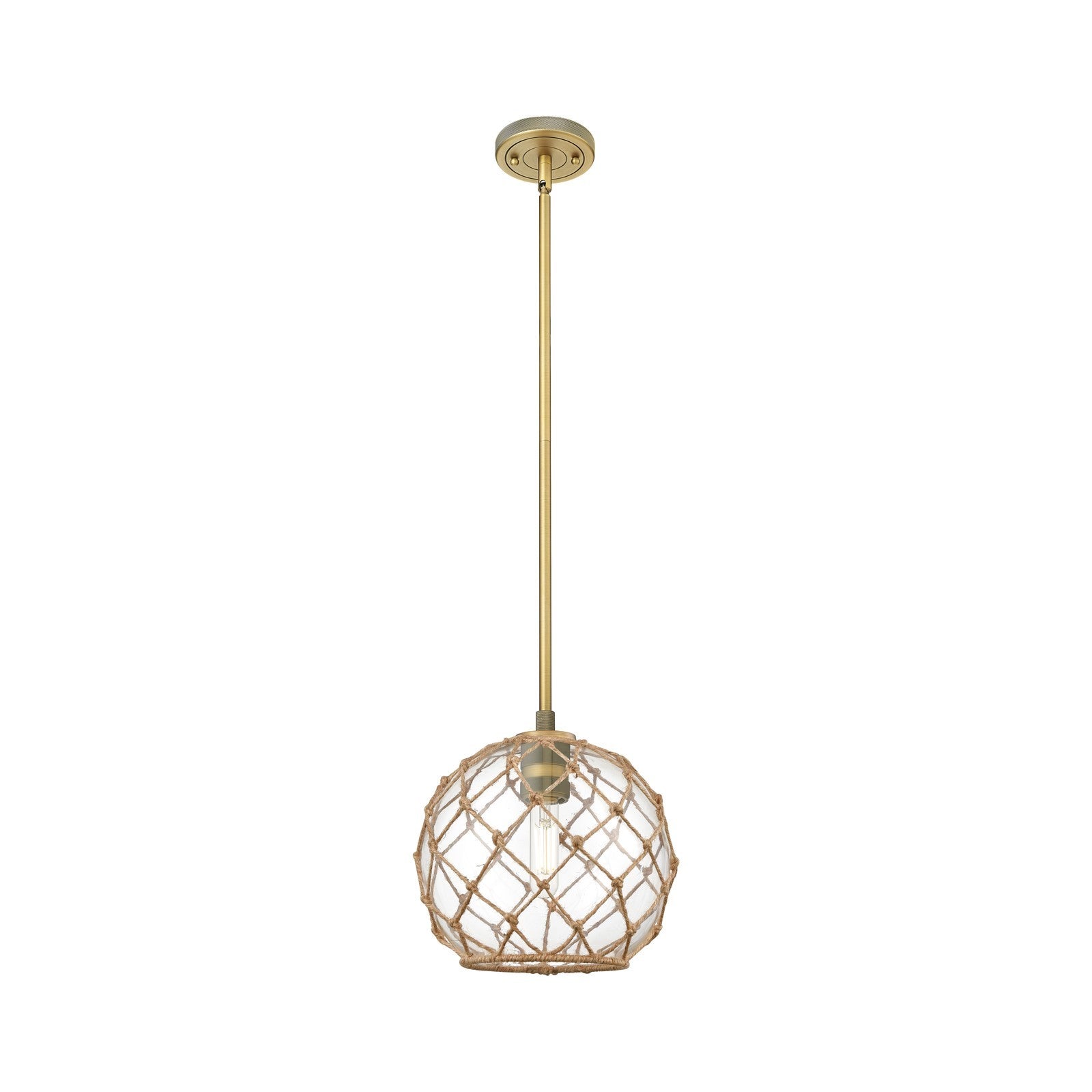 Innovations Farmhouse Rope 10in 1-Light Pendant | Industrial Brushed Brass and Clear Glass Brown Rope | Kitchen Island | Model 434-1S-BB-G122-10RB