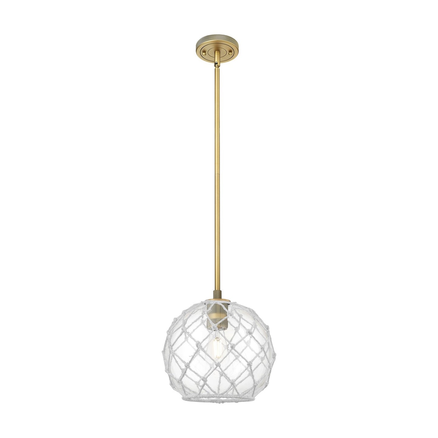 Innovations Farmhouse Rope 10in 1-Light Pendant | Industrial Brushed Brass and Clear Glass White Rope | Kitchen Island | Model 434-1S-BB-G122-10RW