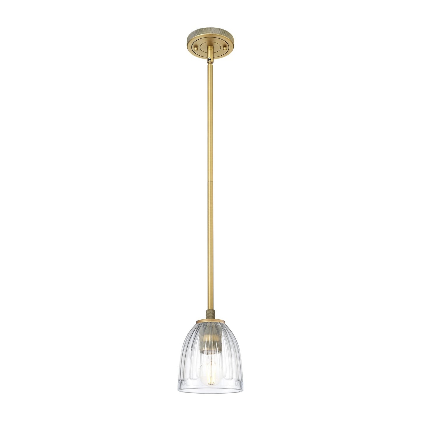 Innovations Brookfield 5.75in 1-Light Pendant | Industrial Brushed Brass and Clear Glass | Kitchen Island & Dining Room | Model 434-1S-BB-G442