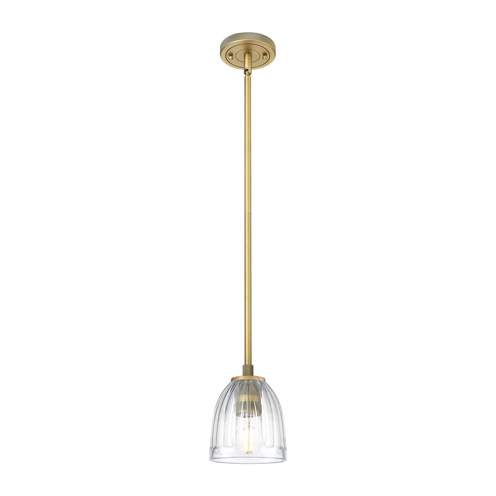Innovations Brookfield 5.75in 1-Light Pendant | Industrial Brushed Brass and Clear Glass | Kitchen Island & Dining Room | Model 434-1S-BB-G442