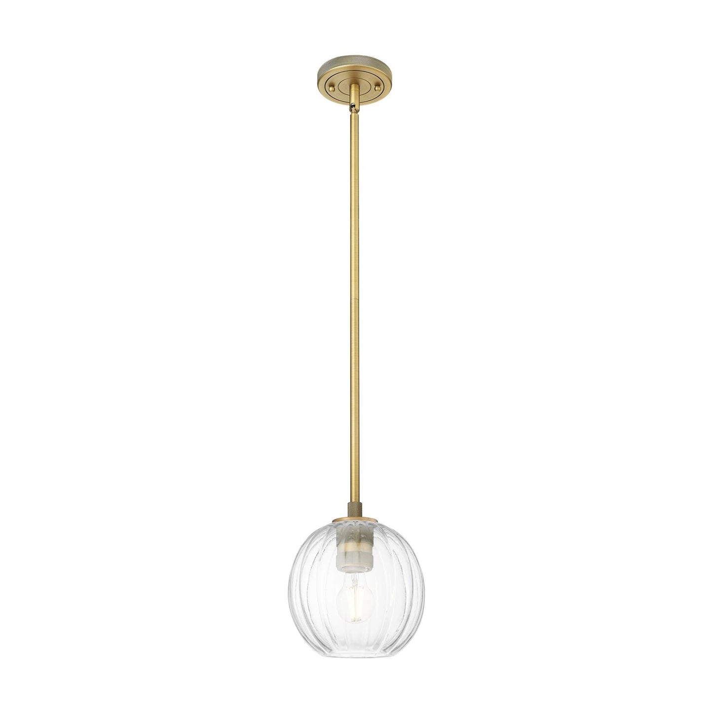 Innovations Preston Globe 7in 1-Light Pendant | Industrial Brushed Brass and Clear Glass | Kitchen Island & Dining Room | Model 434-1S-BB-G458-7CL
