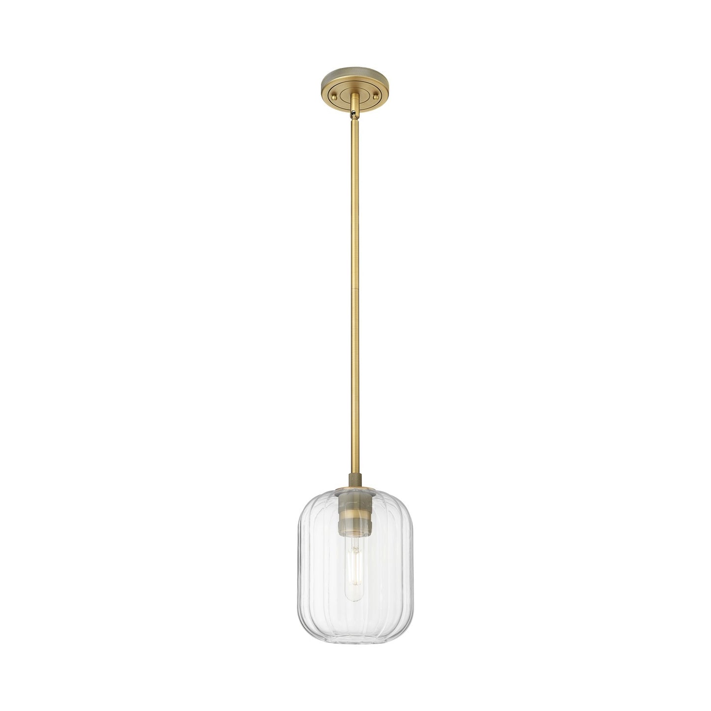 Innovations Lighting Preston Cylinder 6.75in 1-Light Pendant | Industrial Brushed Brass and Clear Glass | Kitchen Island | Model 434-1S-BB-G460-7CL