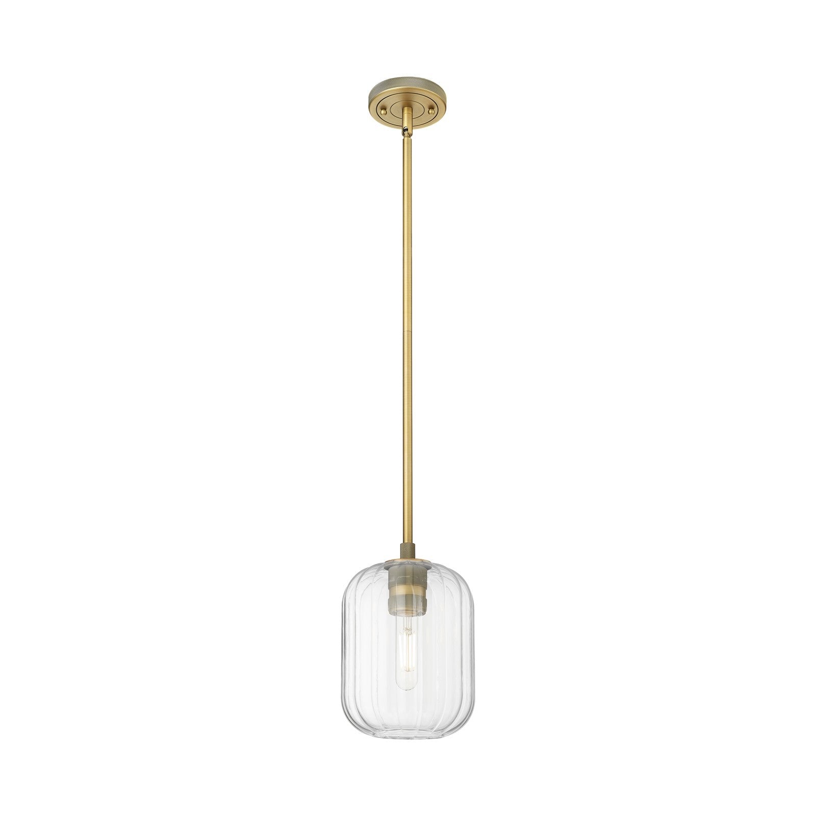 Innovations Lighting Preston Cylinder 6.75in 1-Light Pendant | Industrial Brushed Brass and Clear Glass | Kitchen Island | Model 434-1S-BB-G460-7CL