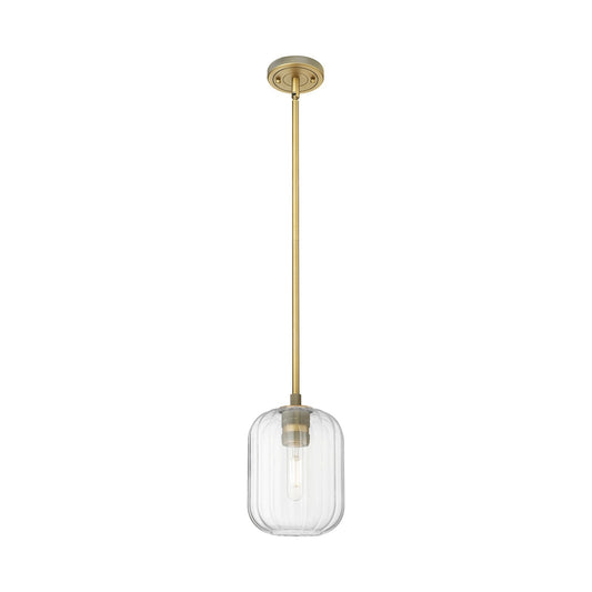 Innovations Lighting Preston Cylinder 6.75in 1-Light Pendant | Industrial Brushed Brass and Clear Glass | Kitchen Island | Model 434-1S-BB-G460-7CL