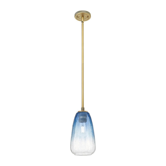 Innovations Brookhaven Almond 6in 1-Light Pendant | Industrial Brushed Brass and Sapphire Blue Glass | Kitchen Island | Model 434-1S-BB-G480-6SB