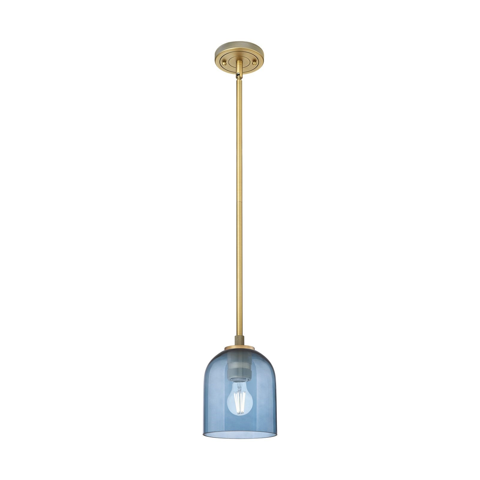 Innovations Bella 6in 1-Light Pendant | Industrial Brushed Brass and Blue Glass | Kitchen Island & Dining Room | Model 434-1S-BB-G558-6BL