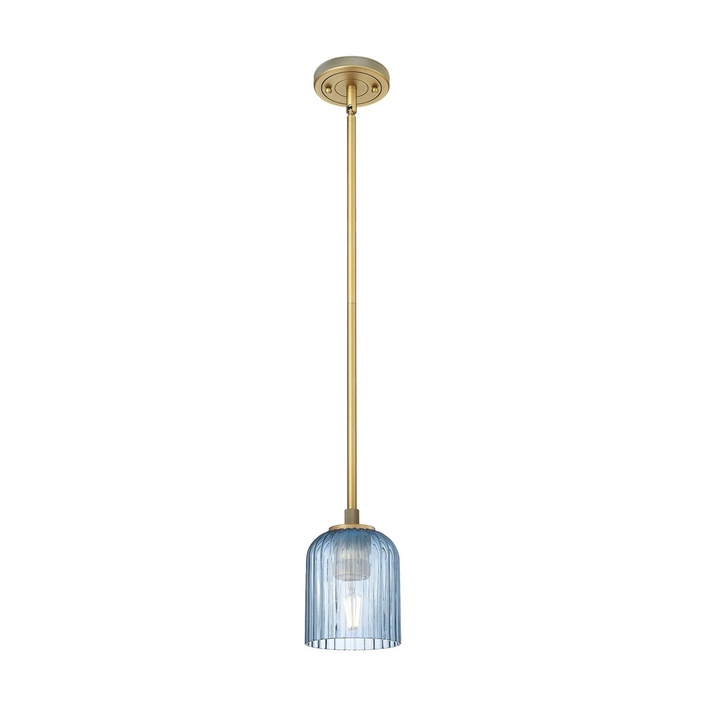 Innovations Crown Point 5in 1-Light Pendant | Industrial Brushed Brass and Princess Blue Glass | Kitchen Island & Dining | Model 434-1S-BB-G559-5BL
