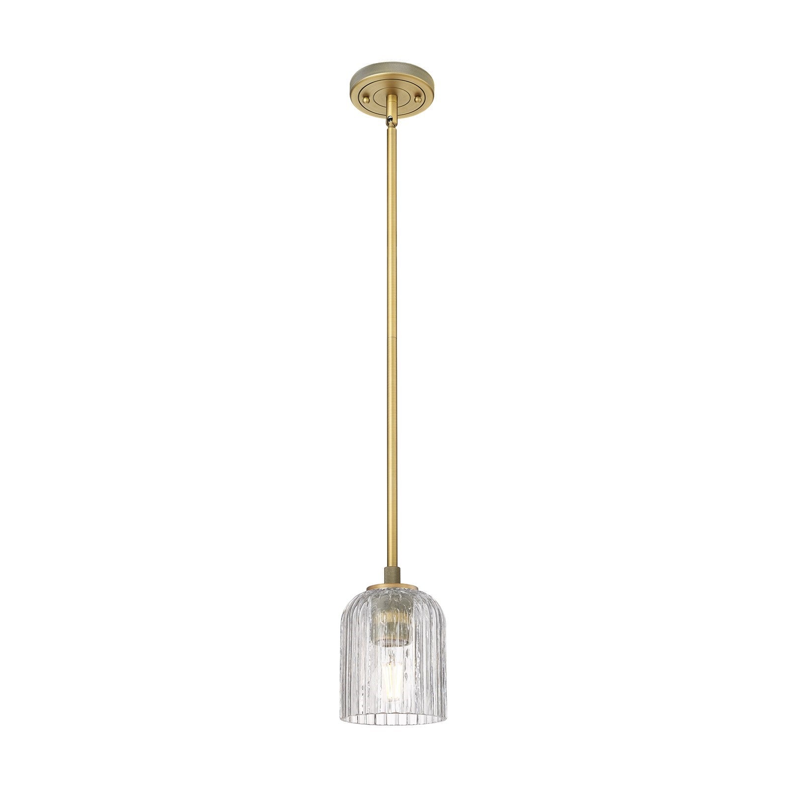 Innovations Crown Point 5in 1-Light Pendant | Industrial Brushed Brass and Clear Glass | Kitchen Island & Dining Room | Model 434-1S-BB-G559-5CL