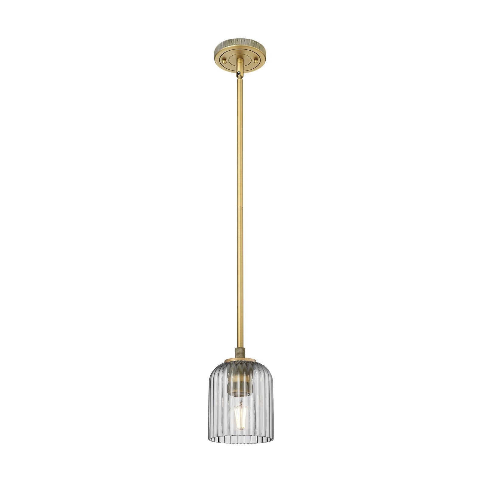 Innovations Crown Point 5in 1-Light Pendant | Industrial Brushed Brass and Light Smoke Ribbed Glass | Kitchen Island | Model 434-1S-BB-G559-5SM