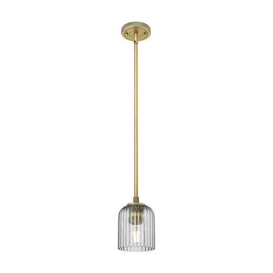 Innovations Crown Point 5in 1-Light Pendant | Industrial Brushed Brass and Light Smoke Ribbed Glass | Kitchen Island | Model 434-1S-BB-G559-5SM