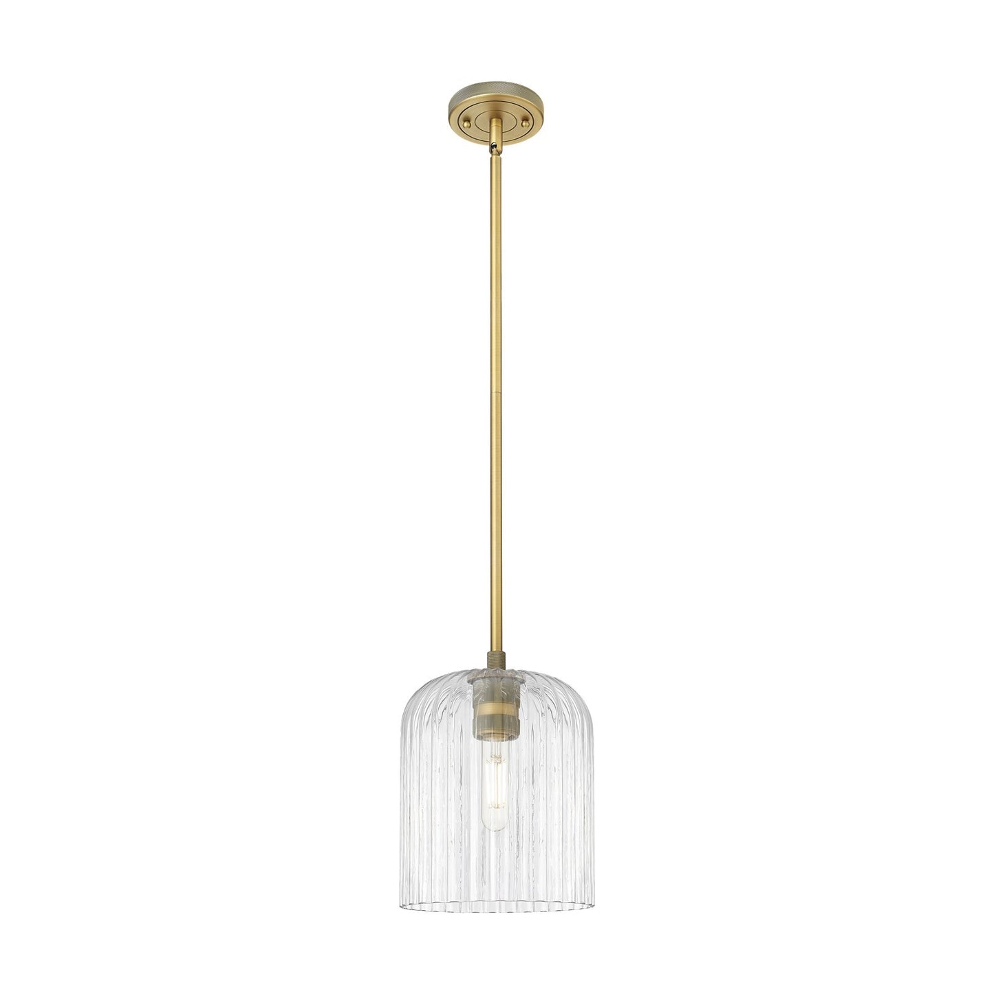 Innovations Crown Point 8in 1-Light Pendant | Industrial Brushed Brass and Clear Ribbed Glass | Kitchen Island & Dining | Model 434-1S-BB-G559-8CL