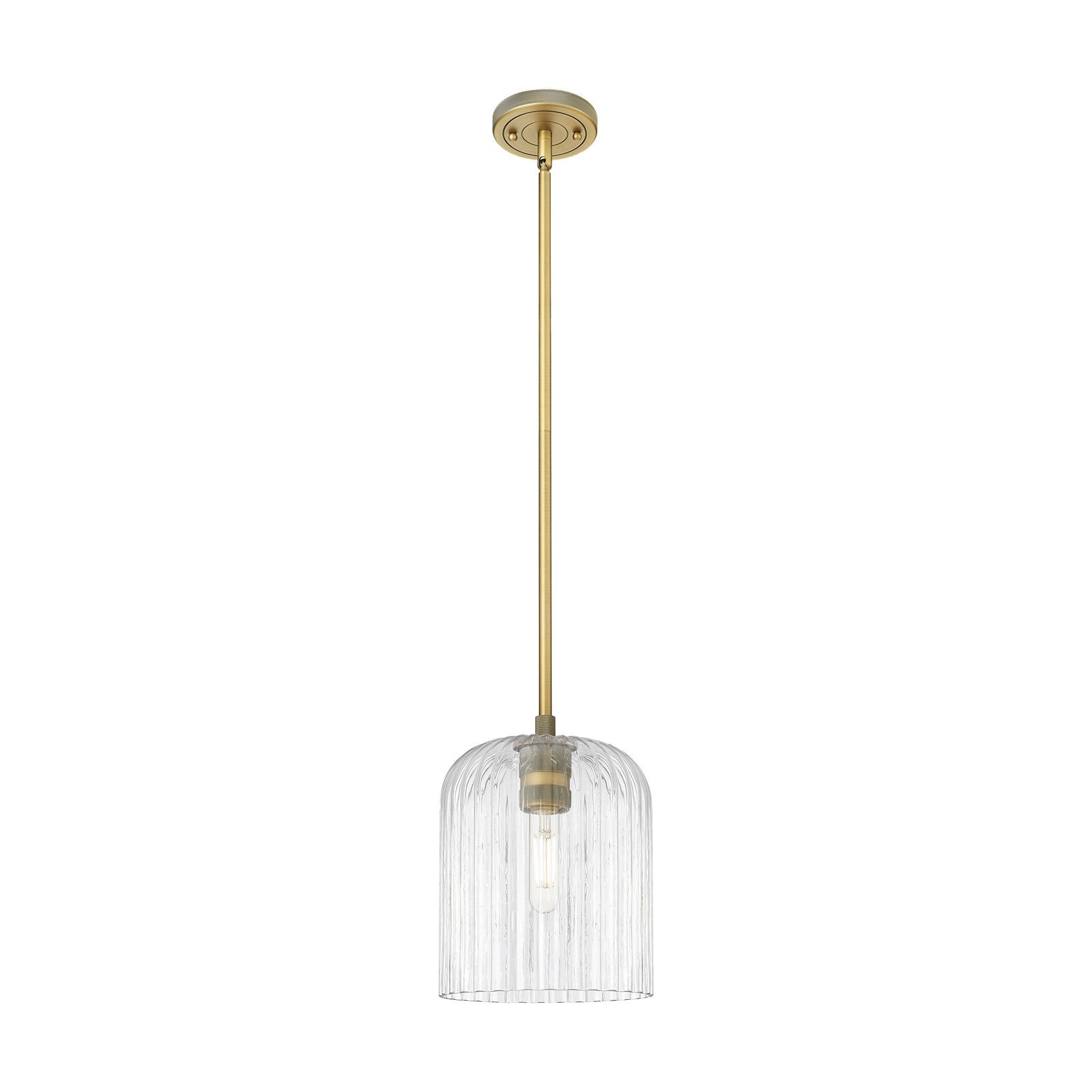 Innovations Crown Point 8in 1-Light Pendant | Industrial Brushed Brass and Clear Ribbed Glass | Kitchen Island & Dining | Model 434-1S-BB-G559-8CL
