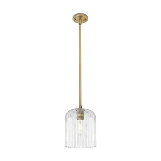 Innovations Crown Point 8in 1-Light Pendant | Industrial Brushed Brass and Clear Ribbed Glass | Kitchen Island & Dining | Model 434-1S-BB-G559-8CL