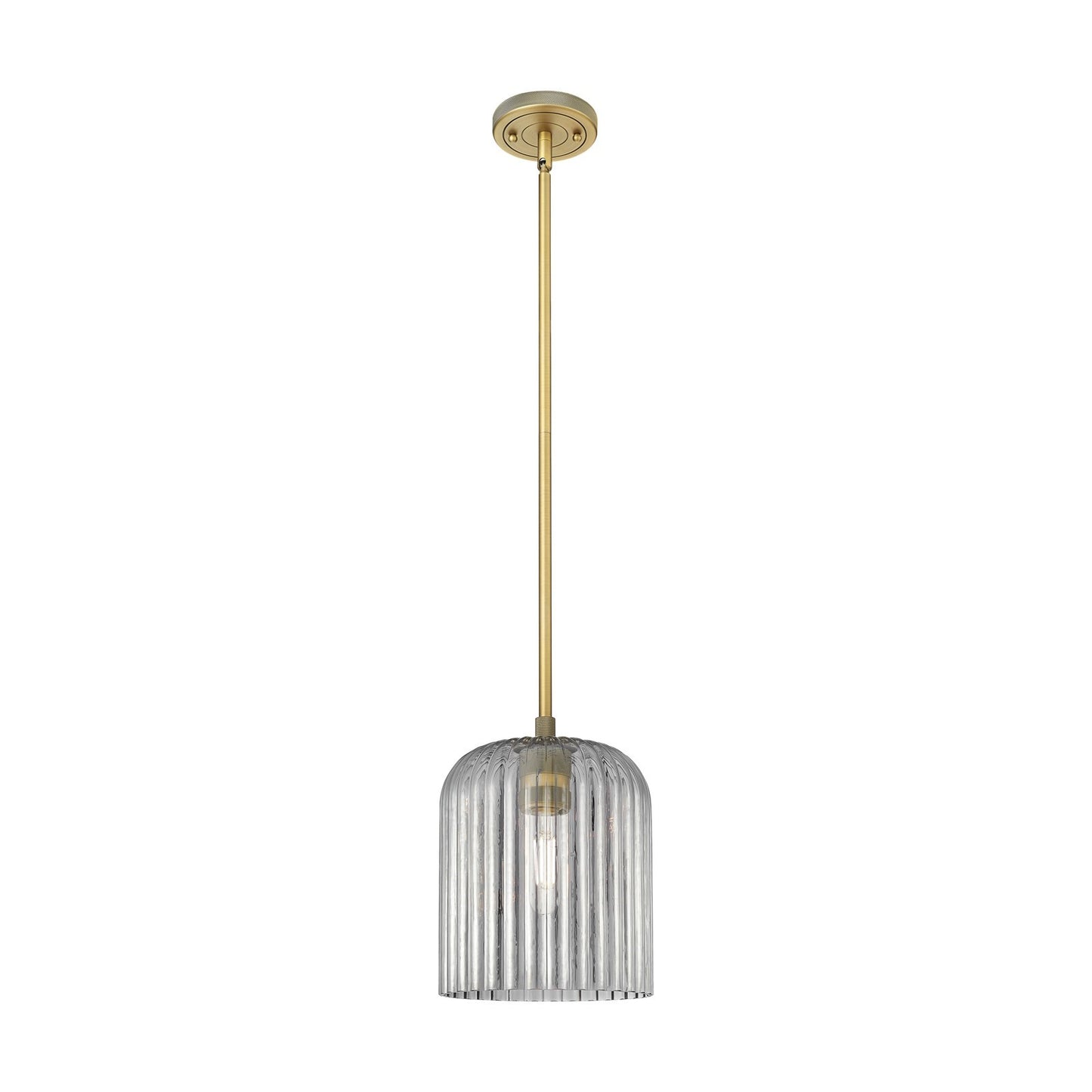Innovations Crown Point 8in 1-Light Pendant | Industrial Brushed Brass and Light Smoke Glass | Kitchen Island & Dining | Model 434-1S-BB-G559-8SM