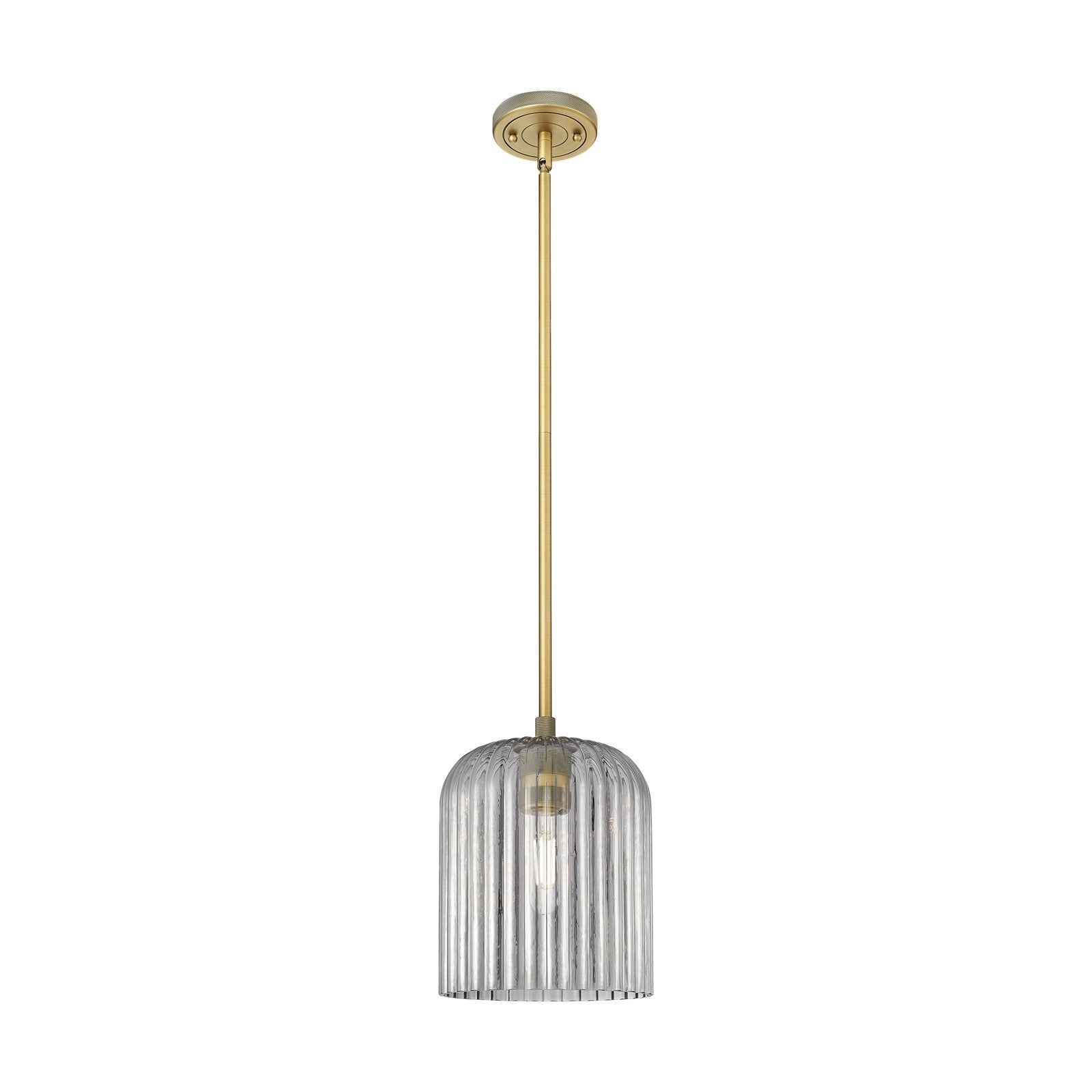 Innovations Crown Point 8in 1-Light Pendant | Industrial Brushed Brass and Light Smoke Glass | Kitchen Island & Dining | Model 434-1S-BB-G559-8SM