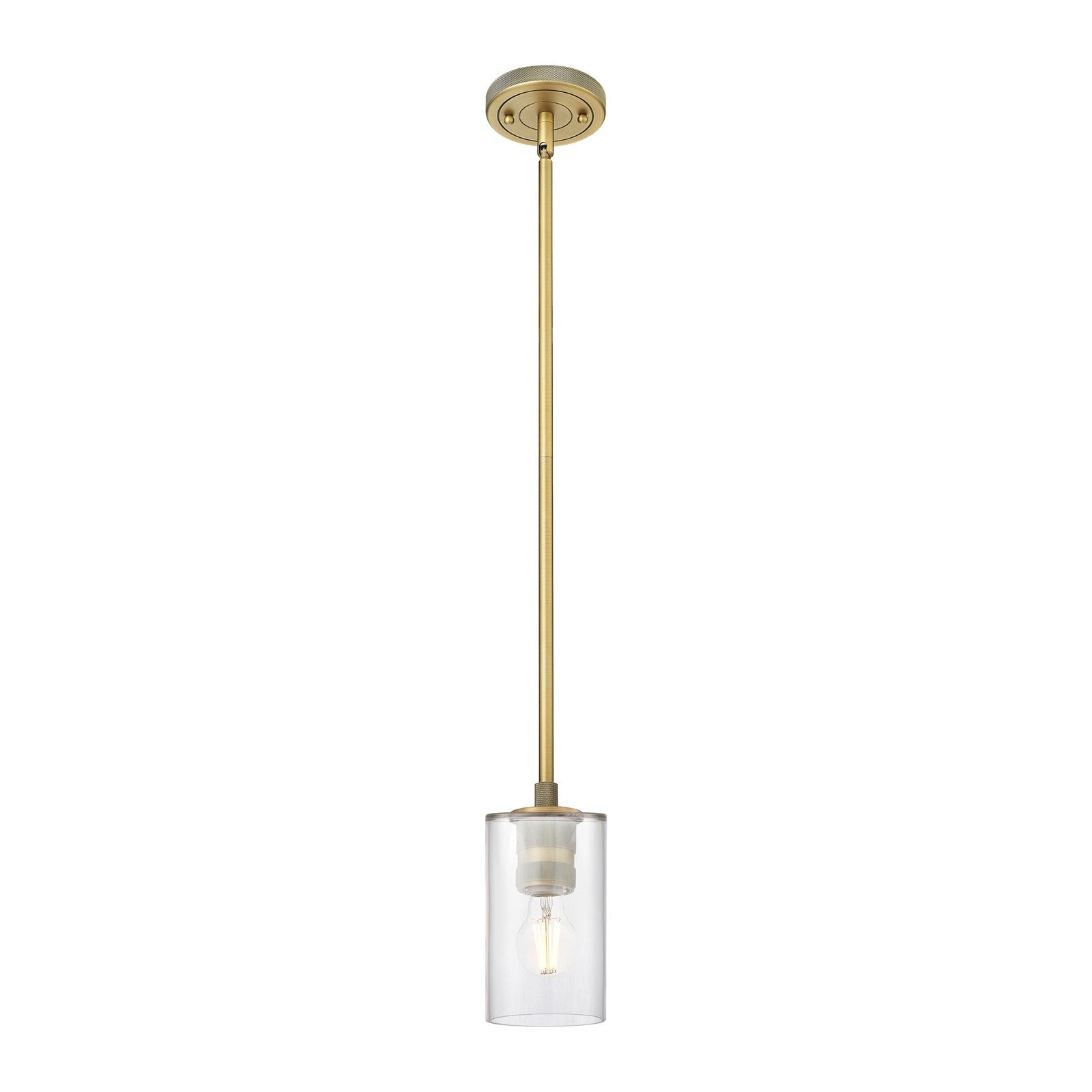 Innovations Clymer 4in 1-Light Pendant | Industrial Brushed Brass and Clear Glass | Kitchen Island & Dining Room | Model 434-1S-BB-G802