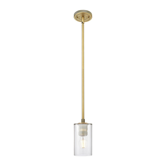 Innovations Clymer 4in 1-Light Pendant | Industrial Brushed Brass and Clear Glass | Kitchen Island & Dining Room | Model 434-1S-BB-G802