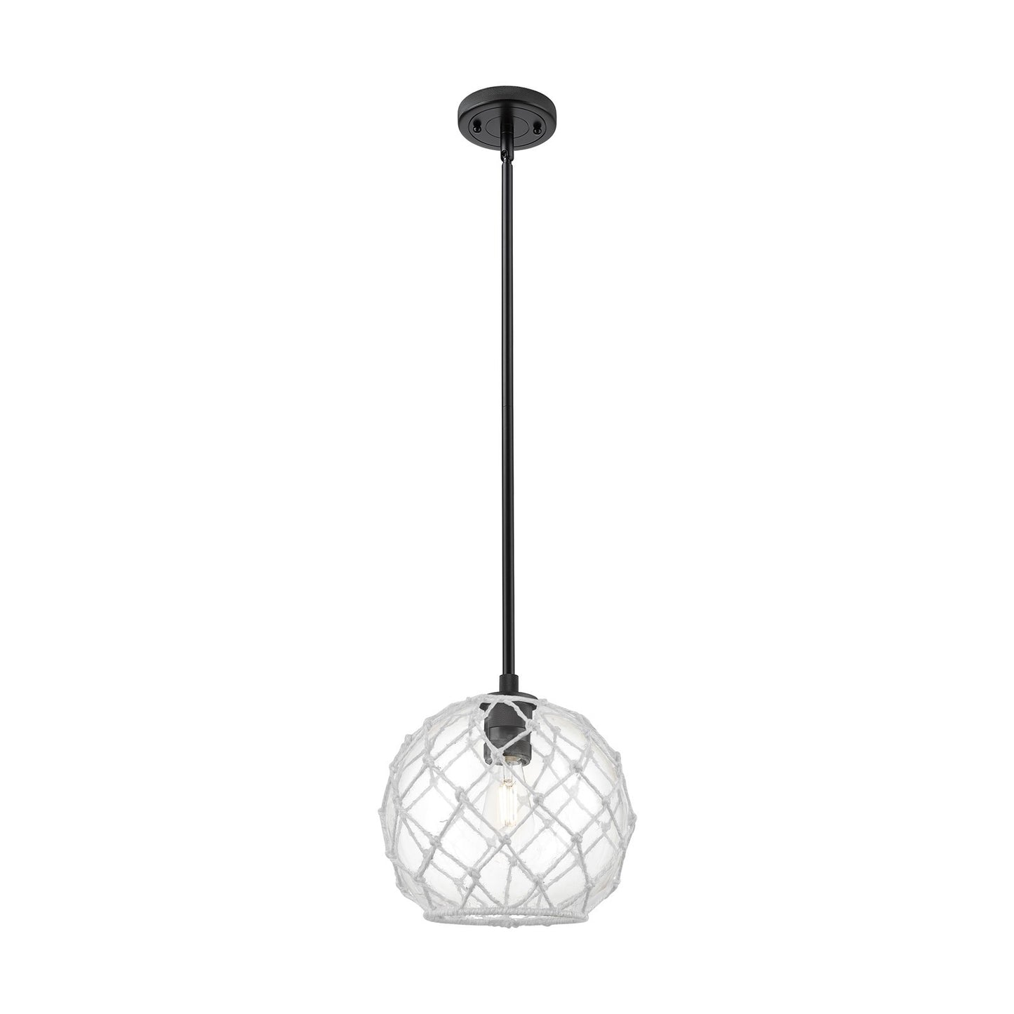Innovations Farmhouse Rope 10in 1-Light Pendant | Industrial Matte Black and Clear Glass with White Rope | Kitchen Island | Model 434-1S-BK-G122-10RW
