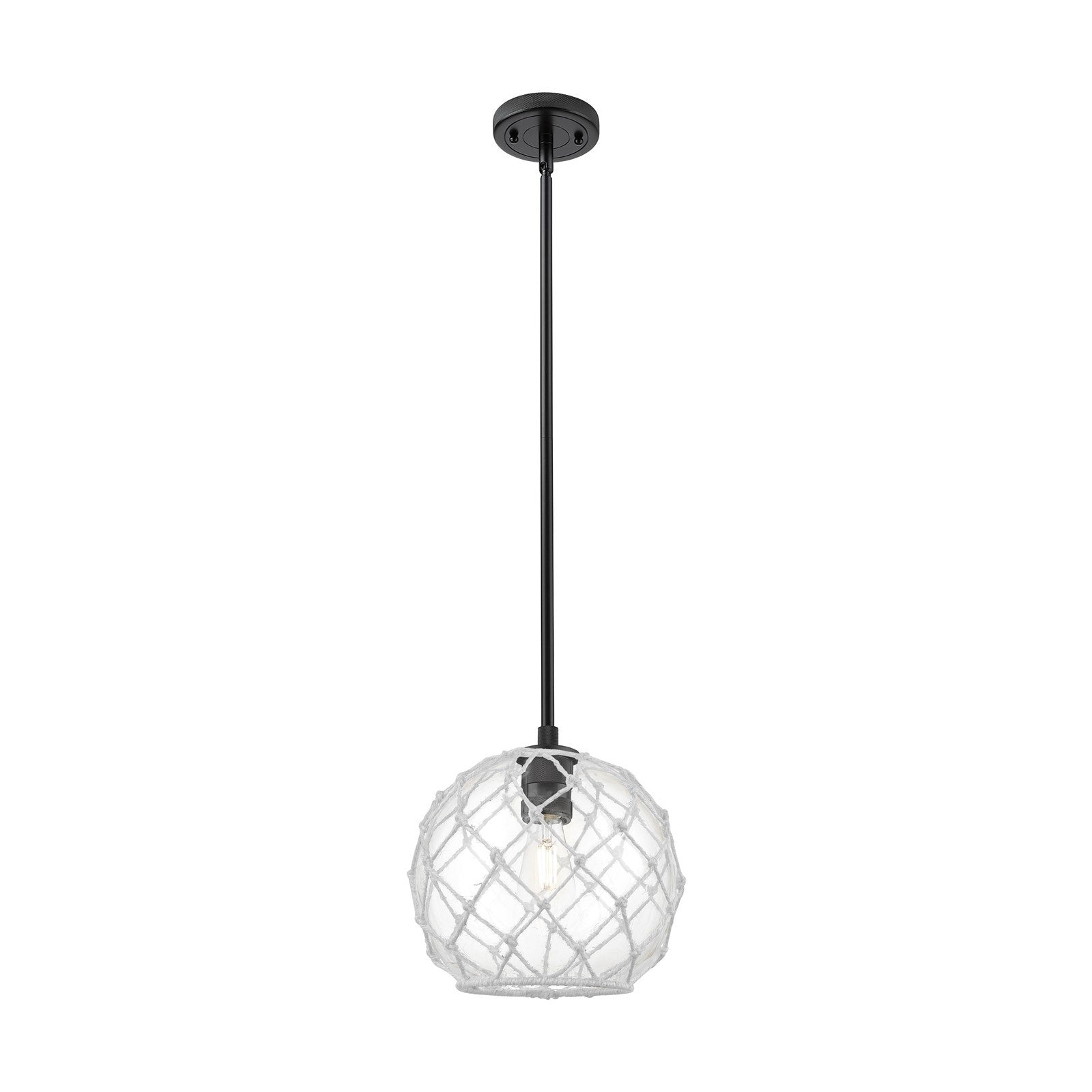 Innovations Farmhouse Rope 10in 1-Light Pendant | Industrial Matte Black and Clear Glass with White Rope | Kitchen Island | Model 434-1S-BK-G122-10RW