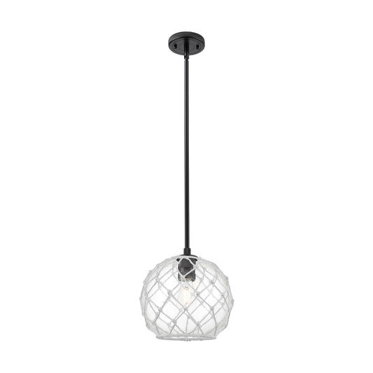 Innovations Farmhouse Rope 10in 1-Light Pendant | Industrial Matte Black and Clear Glass with White Rope | Kitchen Island | Model 434-1S-BK-G122-10RW