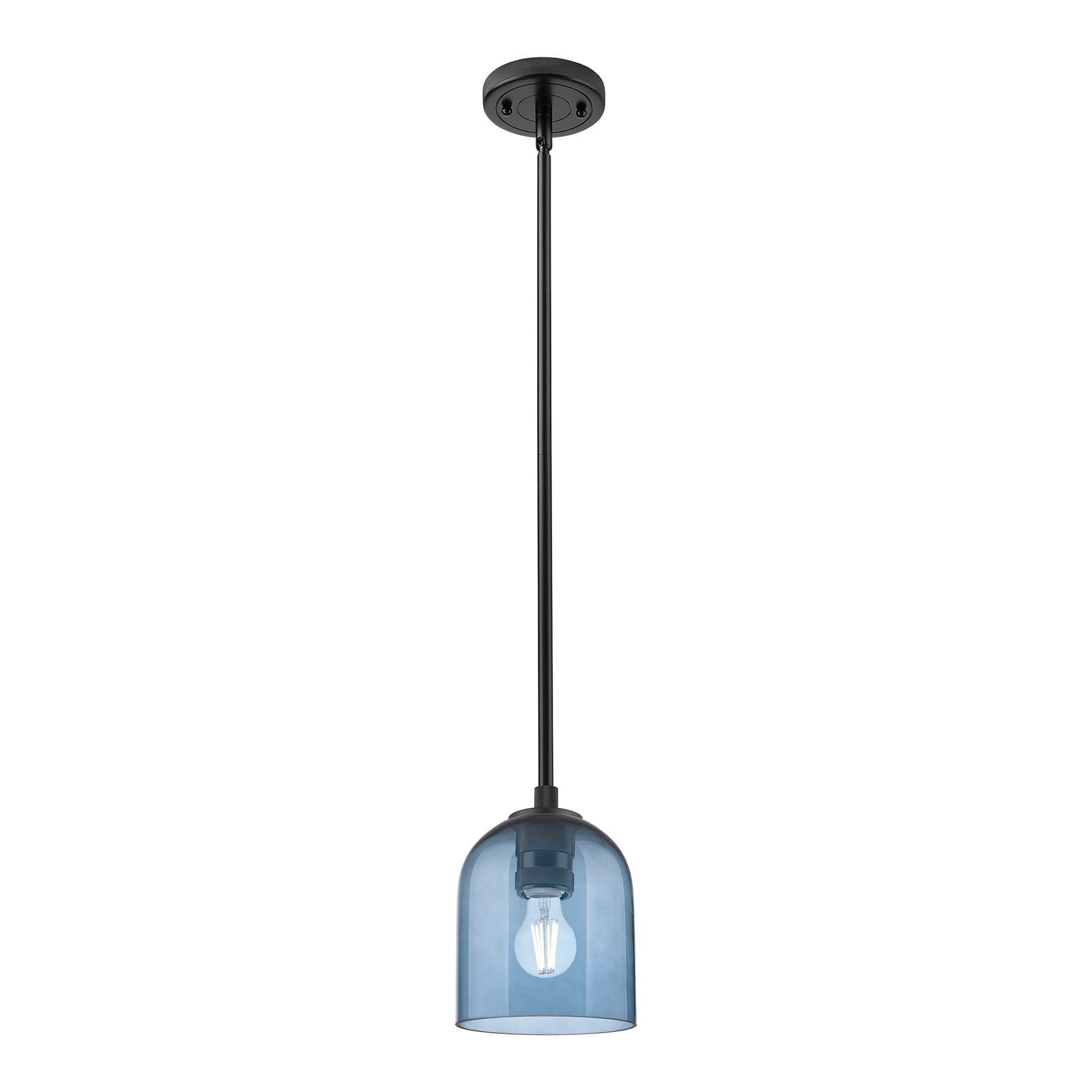 Innovations Bella 5.5in 1-Light Pendant | Industrial Matte Black and Blue Glass | Kitchen Island & Dining Room | Model 434-1S-BK-G558-6BL