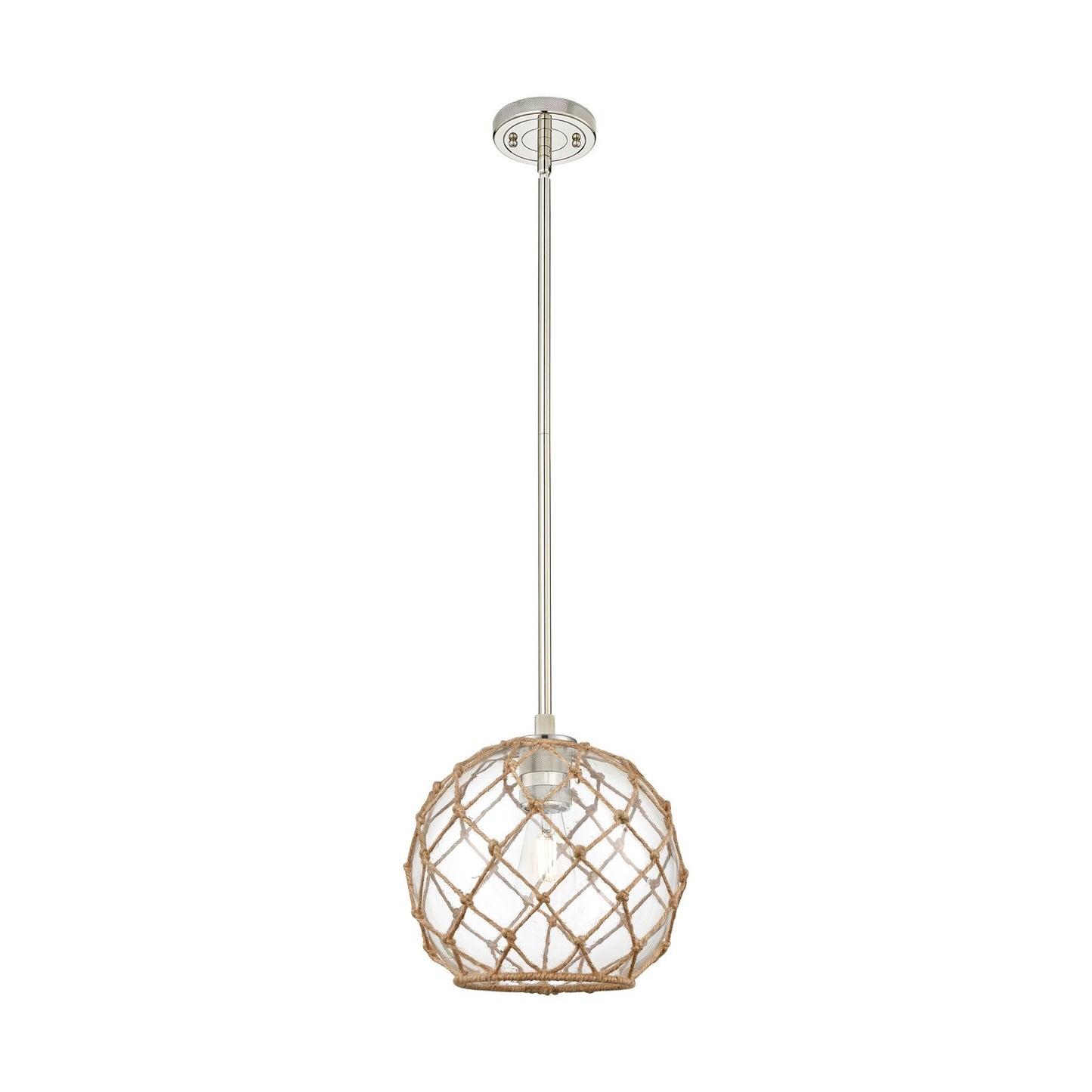 Innovations Farmhouse Rope 10in 1-Light Pendant | Industrial Polished Nickel and Clear Glass Brown Rope | Kitchen Island | Model 434-1S-PN-G122-10RB