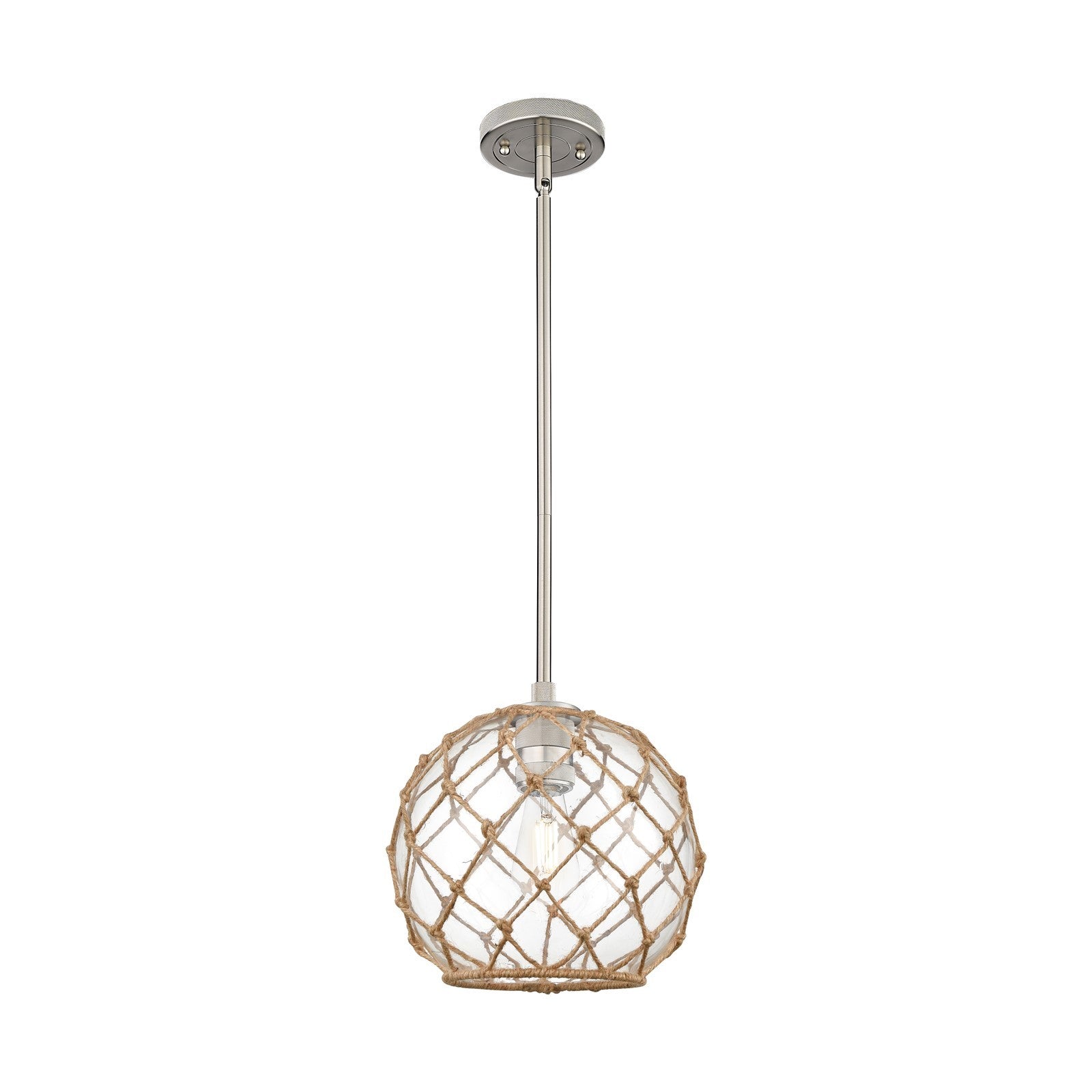 Innovations Farmhouse Rope 10in 1-Light Pendant | Industrial Satin Nickel and Clear Glass Brown Rope | Kitchen Island | Model 434-1S-SN-G122-10RB