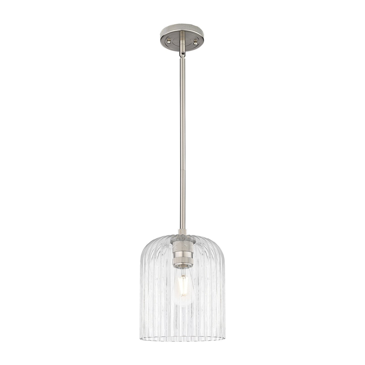 Innovations Crown Point 8in 1-Light Pendant | Industrial Satin Nickel and Clear Ribbed Glass | Kitchen Island & Dining | Model 434-1S-SN-G559-8CL