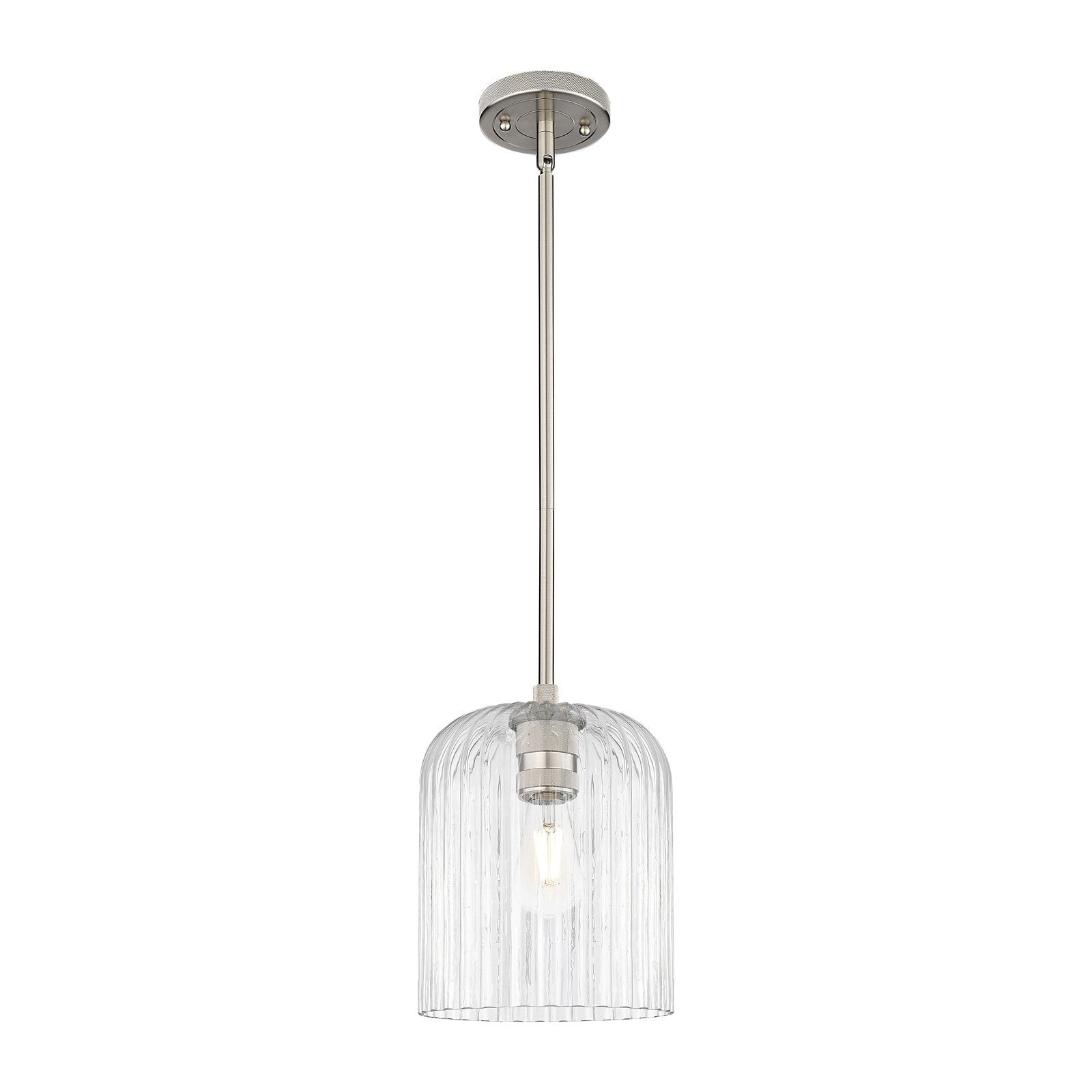 Innovations Crown Point 8in 1-Light Pendant | Industrial Satin Nickel and Clear Ribbed Glass | Kitchen Island & Dining | Model 434-1S-SN-G559-8CL