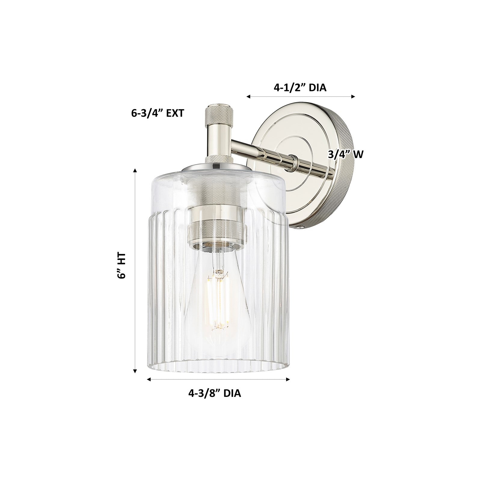 Innovations Hadley 1-Light 4.5in Wall Sconce | Industrial Modern Polished Nickel Steel and Clear Ribbed Glass | Bathroom & Hallway | Model 434-1W-PN-G342