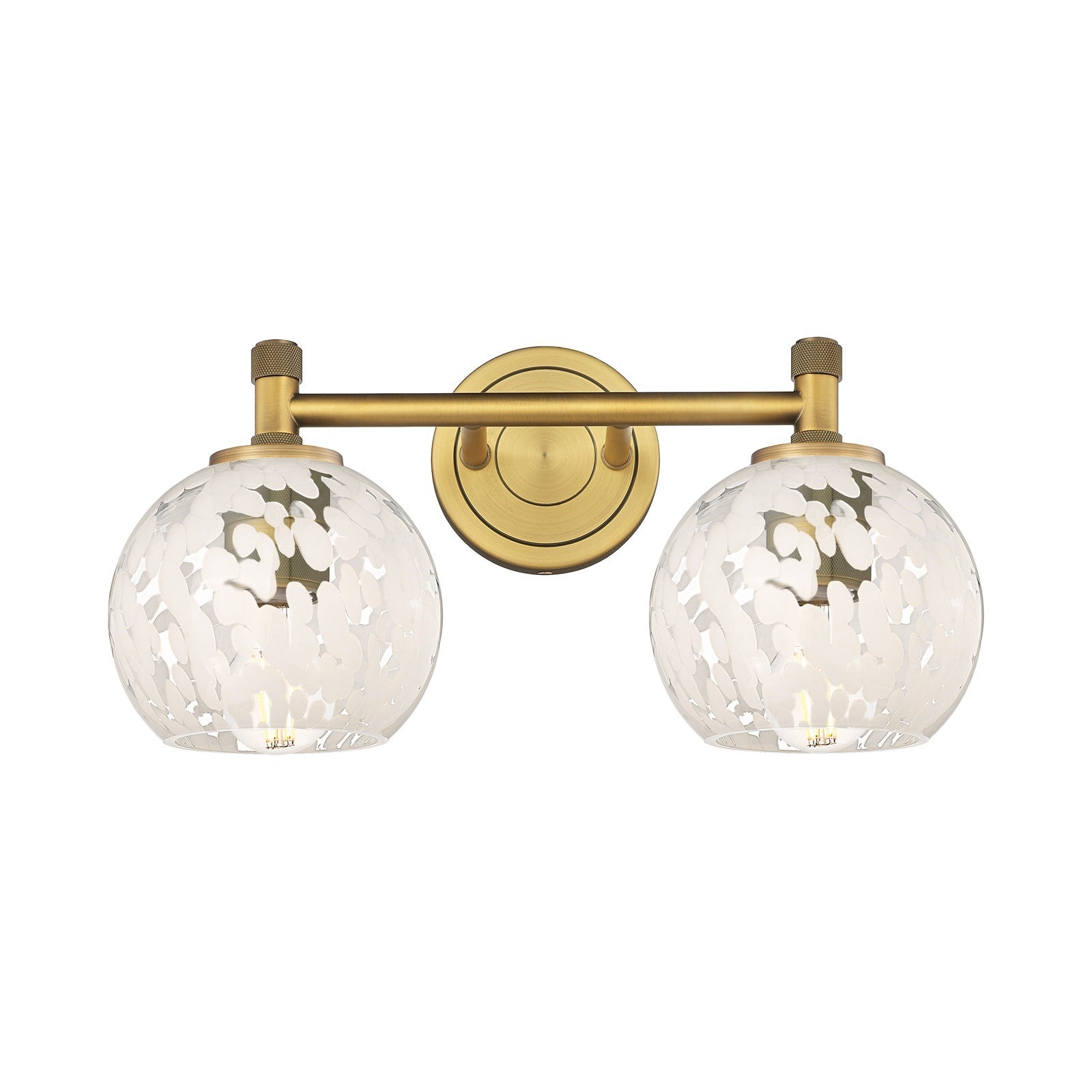 Innovations White Mouchette 14in 2-Light Bath Vanity | Industrial Brushed Brass and White Mouchette Glass | Bathroom | Model 434-2W-BB-G1216-6WM