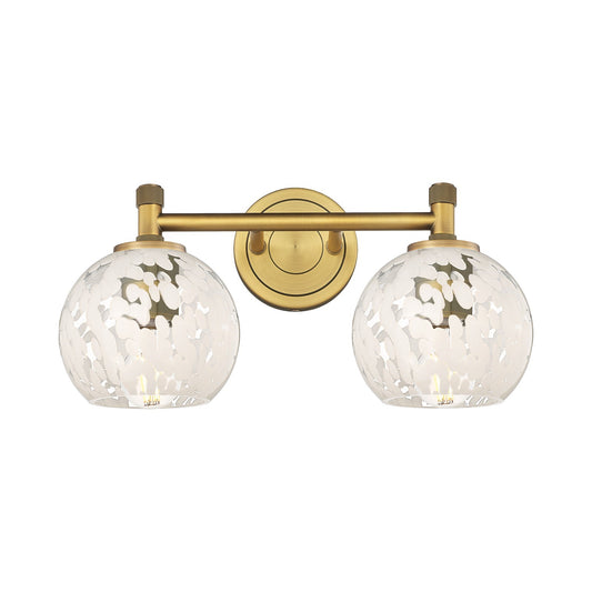 Innovations White Mouchette 14in 2-Light Bath Vanity | Industrial Brushed Brass and White Mouchette Glass | Bathroom | Model 434-2W-BB-G1216-6WM