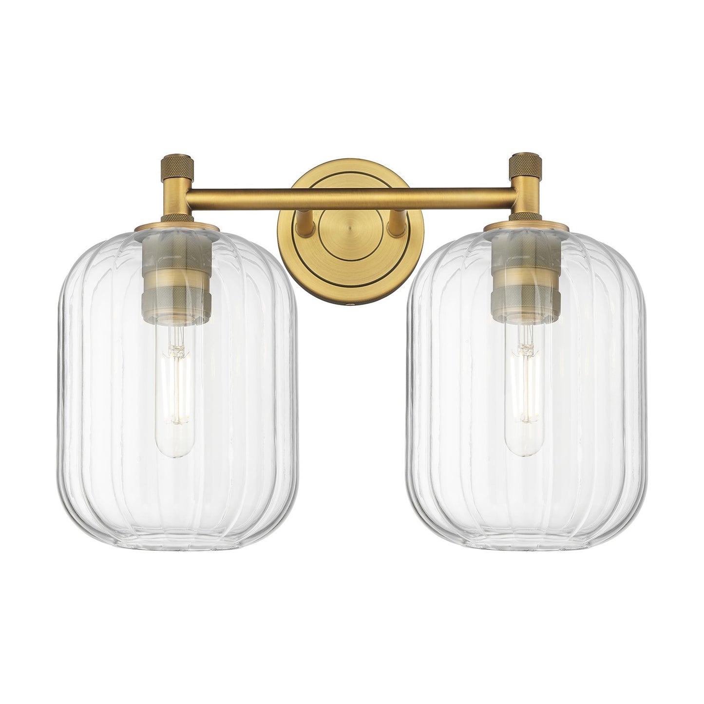Innovations Preston Cylinder 15in 2-Light Bath Vanity | Industrial Brushed Brass and Clear Glass | Bathroom & Powder Room | Model 434-2W-BB-G460-7CL