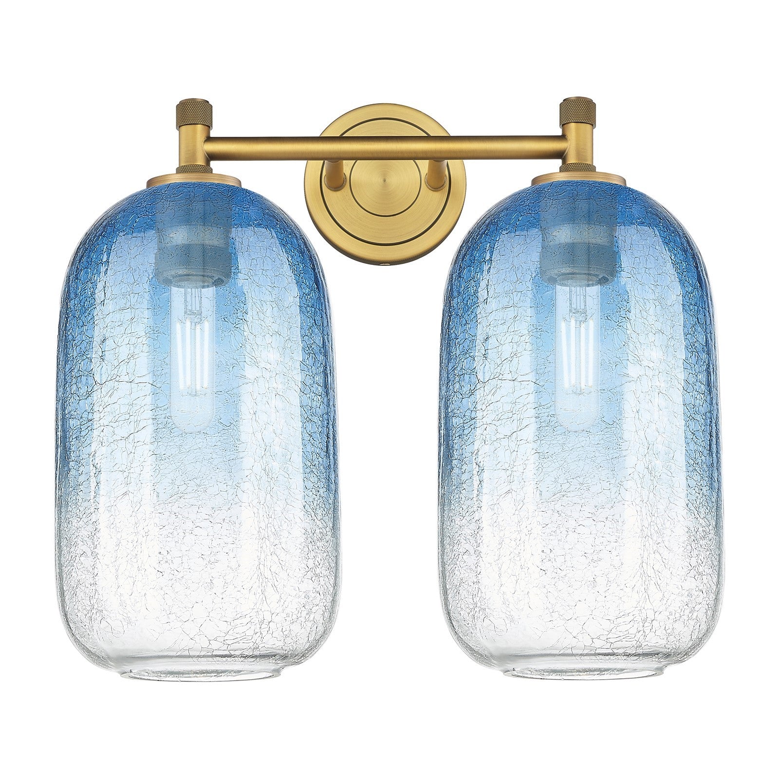 Innovations Brookhaven Cloche 15in 2-Light Bath Vanity | Industrial Brushed Brass and Sapphire Blue Glass | Bathroom | Model 434-2W-BB-G482-7SB
