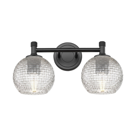 Innovations Athens 14in 2-Light Bath Vanity Light | Industrial Matte Black and Clear Basket Weave Glass | Bathroom Vanity | Model 434-2W-BK-G122C-6CL