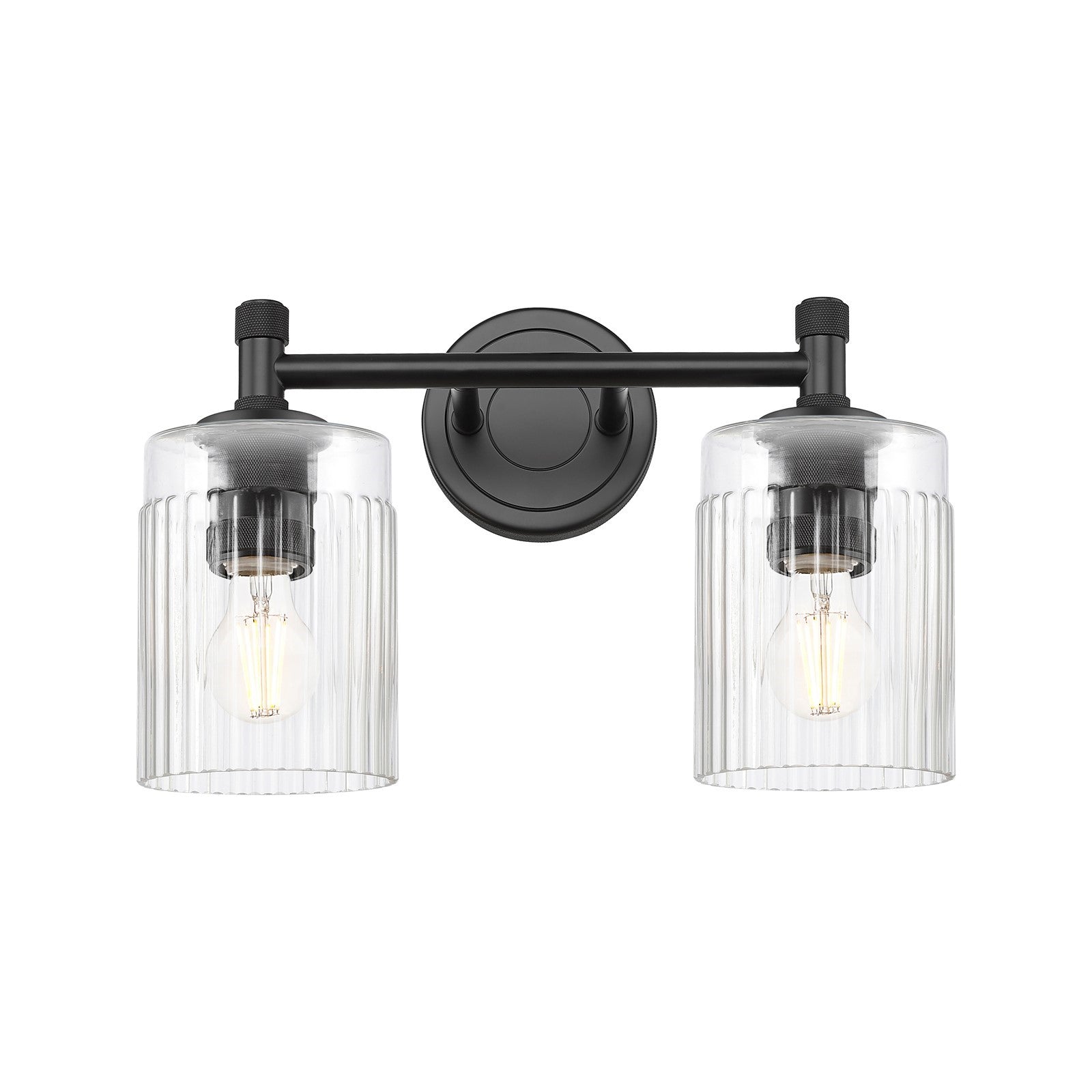 Innovations Hadley 13in 2-Light Bath Vanity Light | Industrial Matte Black and Clear Ribbed Glass | Bathroom & Powder Room | Model 434-2W-BK-G342