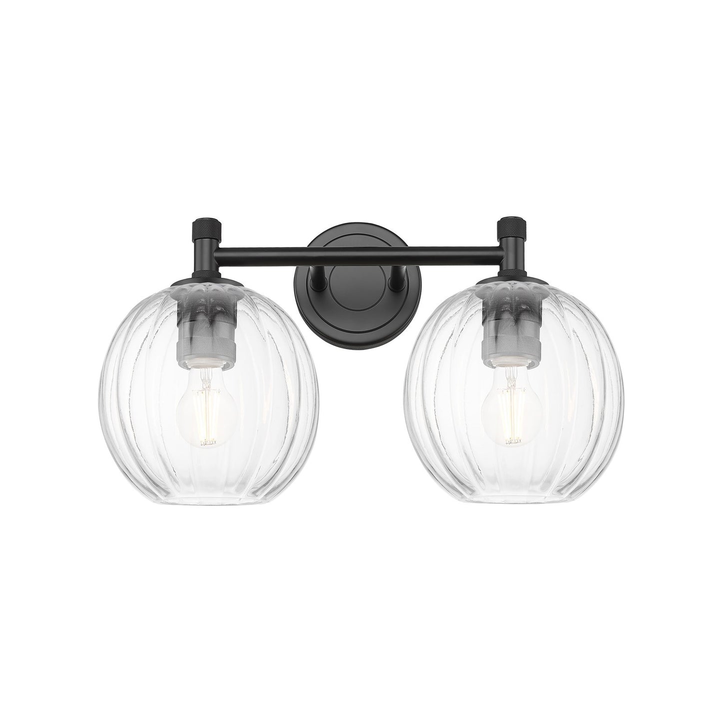 Innovations Preston Globe 15in 2-Light Bath Vanity | Industrial Matte Black and Clear Glass | Bathroom & Powder Room | Model 434-2W-BK-G458-7CL
